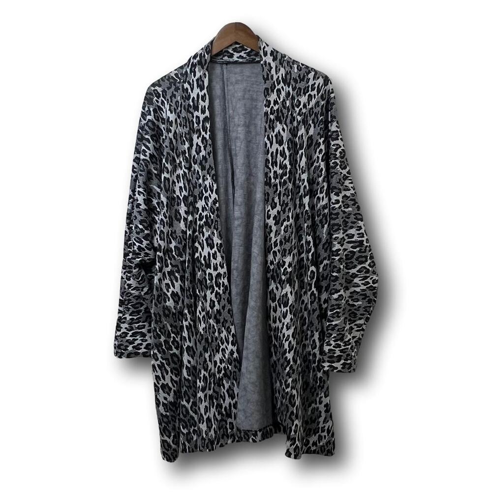 Vintage Leopard Print Womens Open Long Cardigan Sweater Wool Medium Jacket
